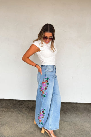 *PRE-SALE* Floral Embroidered Wide Leg Jeans
