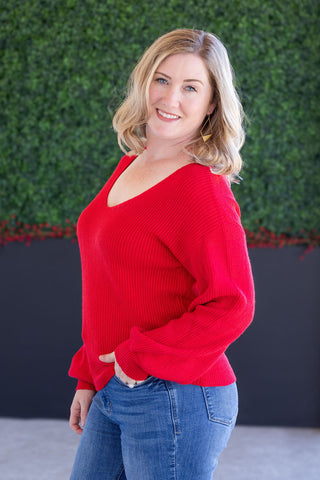 Red V-Neck Bow Sweater