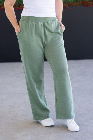 Olive Wide Leg Vintage Wash Bottoms