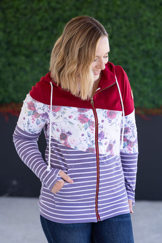 Burgundy Bloom Color Block Full Zip Hoodie