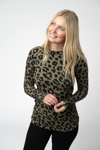Olive Animal Print Long Sleeve Top w/ Thumbholes