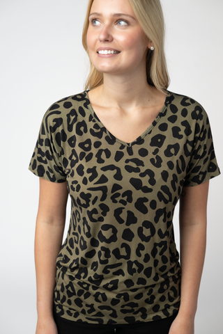 Olive Animal Print V-Neck Top
