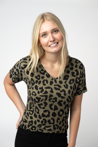Olive Animal Print V-Neck Top