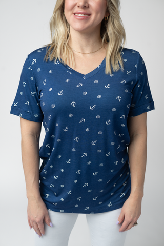 Nautical Navy Relaxed Fit V-Neck Top