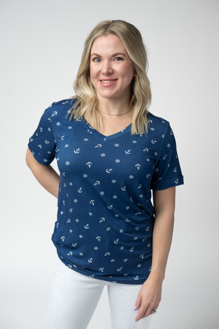 Nautical Navy Relaxed Fit V-Neck Top