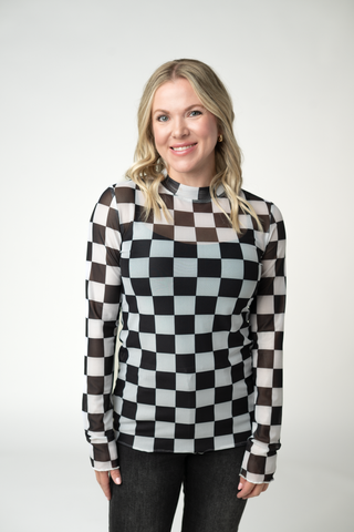 Black and White Checkers Mesh Long Sleeve Top w/ Thumbholes