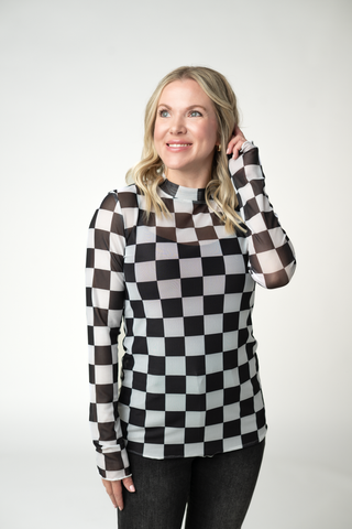 Black and White Checkers Mesh Long Sleeve Top w/ Thumbholes
