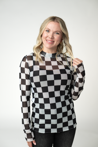 Black and White Checkers Mesh Long Sleeve Top w/ Thumbholes