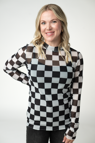 Black and White Checkers Mesh Long Sleeve Top w/ Thumbholes