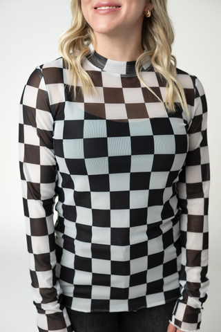 Black and White Checkers Mesh Long Sleeve Top w/ Thumbholes