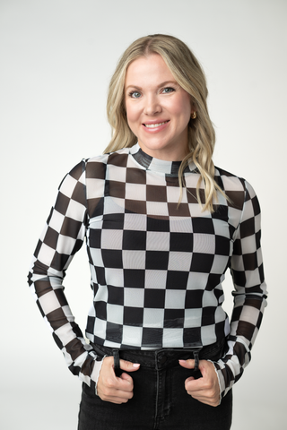 Black and White Checkers Mesh Long Sleeve Top w/ Thumbholes