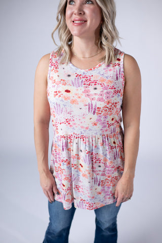 Coral Sunset Floral Ruffle Tank Top