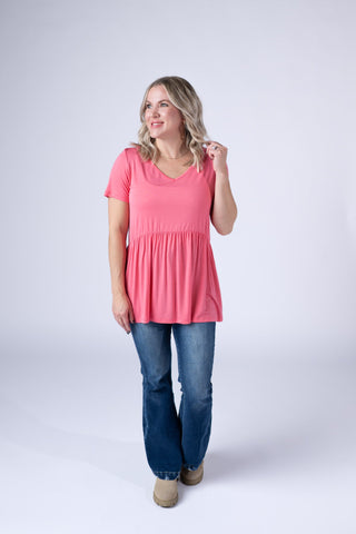 Sun Kissed Coral V-Neck Babydoll Top