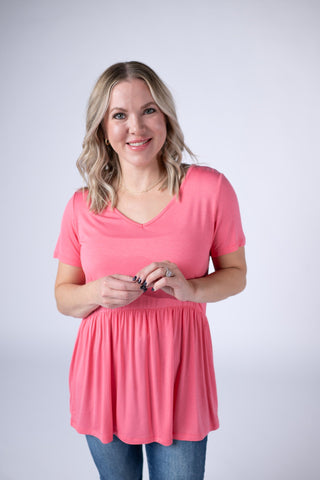 Sun Kissed Coral V-Neck Babydoll Top