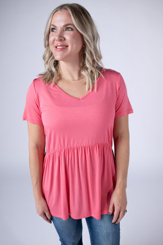 Sun Kissed Coral V-Neck Babydoll Top