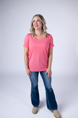 Sun Kissed Coral Relaxed Fit V-Neck Top