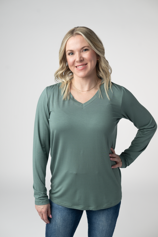 Dusty Jade Long Sleeve V-Neck Top