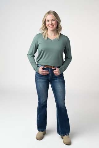 Dusty Jade Long Sleeve V-Neck Top