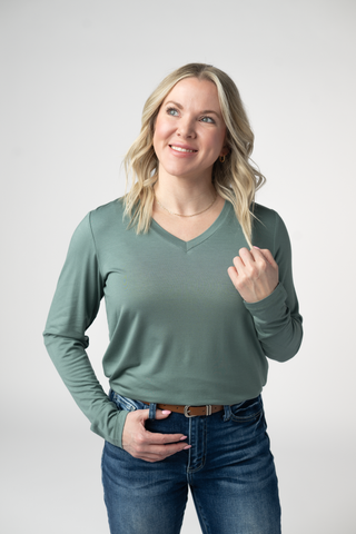 Dusty Jade Long Sleeve V-Neck Top