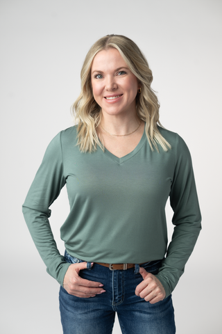 Dusty Jade Long Sleeve V-Neck Top