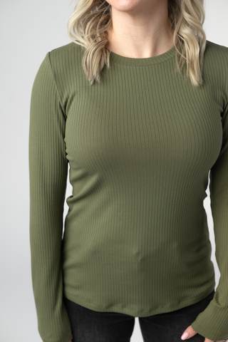 Olive Ribbed Long Sleeve Top
