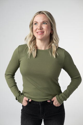 Olive Ribbed Long Sleeve Top