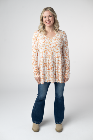 Autumn Vines V-Neck Long Sleeve Babydoll Top