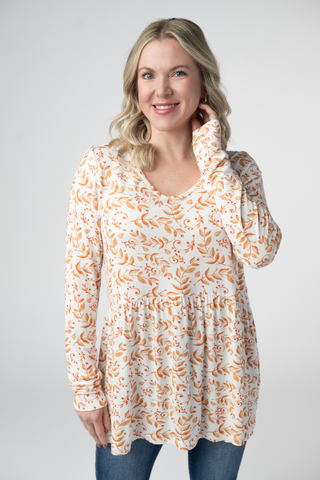 Autumn Vines V-Neck Long Sleeve Babydoll Top