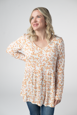Autumn Vines V-Neck Long Sleeve Babydoll Top
