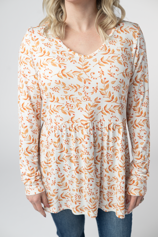 Autumn Vines V-Neck Long Sleeve Babydoll Top
