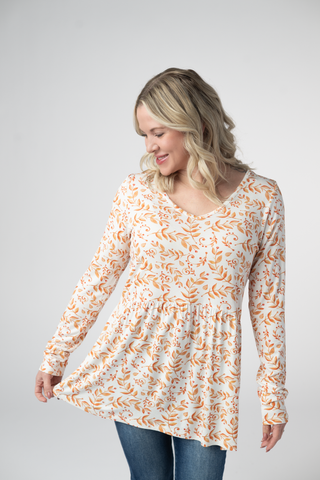 Autumn Vines V-Neck Long Sleeve Babydoll Top