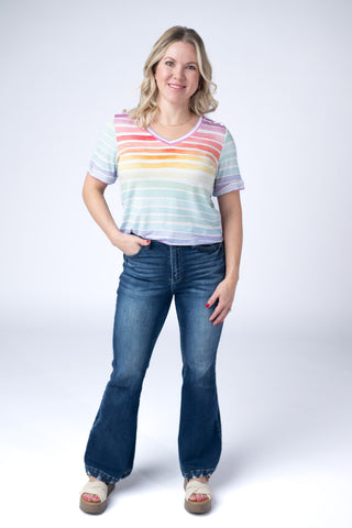 Rainbow Stripes Relaxed Fit V-Neck Top