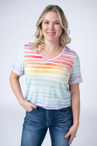 Rainbow Stripes Relaxed Fit V-Neck Top