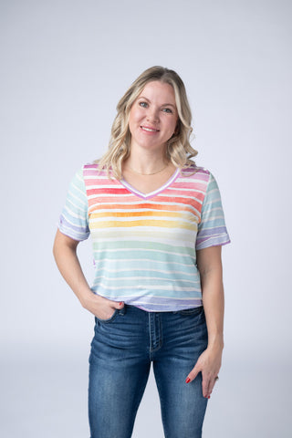 Rainbow Stripes Relaxed Fit V-Neck Top