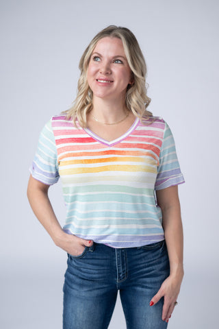 Rainbow Stripes Relaxed Fit V-Neck Top