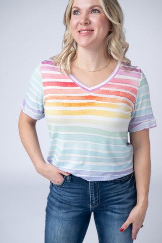 Rainbow Stripes Relaxed Fit V-Neck Top
