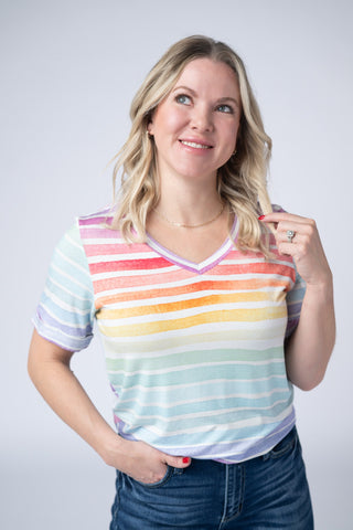 Rainbow Stripes Relaxed Fit V-Neck Top
