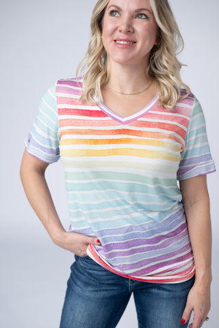 Rainbow Stripes Relaxed Fit V-Neck Top