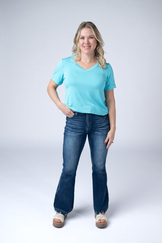Aqua Blue Relaxed Fit V-Neck Top