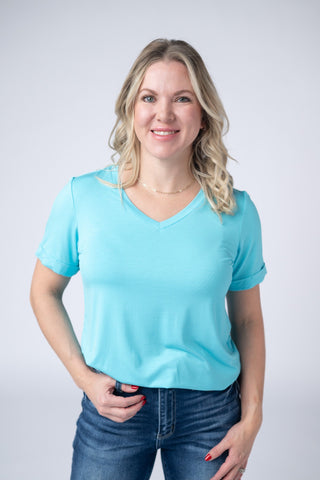 Aqua Blue Relaxed Fit V-Neck Top