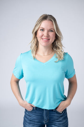 Aqua Blue Relaxed Fit V-Neck Top