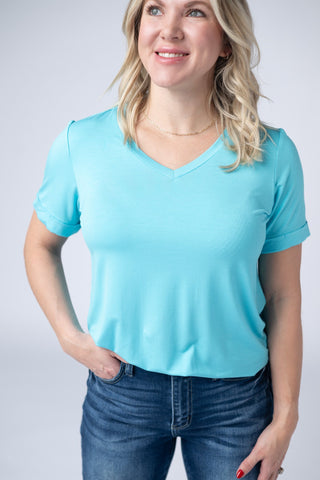 Aqua Blue Relaxed Fit V-Neck Top
