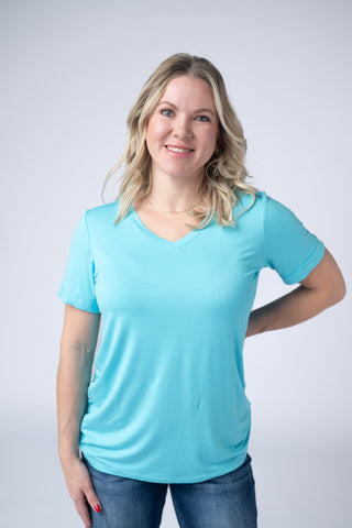 Aqua Blue Relaxed Fit V-Neck Top