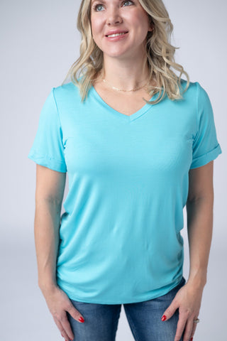 Aqua Blue Relaxed Fit V-Neck Top