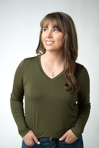 Olive Long Sleeve V-Neck Top