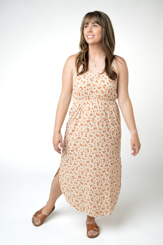 Sand and Rust Floral Ribbed Midi Dress - Made in the USA