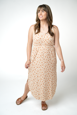 Sand and Rust Floral Ribbed Midi Dress - Made in the USA