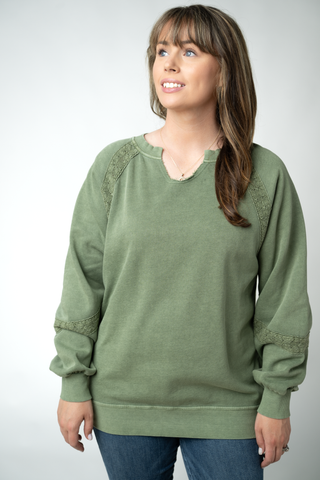 Olive Lace Accent Vintage Wash Pullover