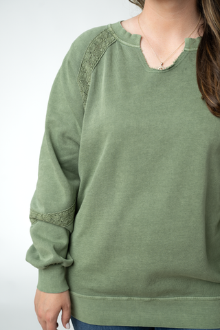 Olive Lace Accent Vintage Wash Pullover
