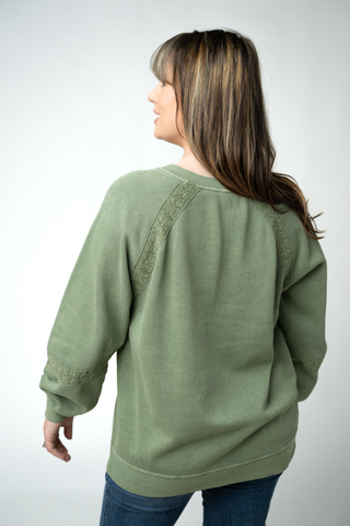 Olive Lace Accent Vintage Wash Pullover